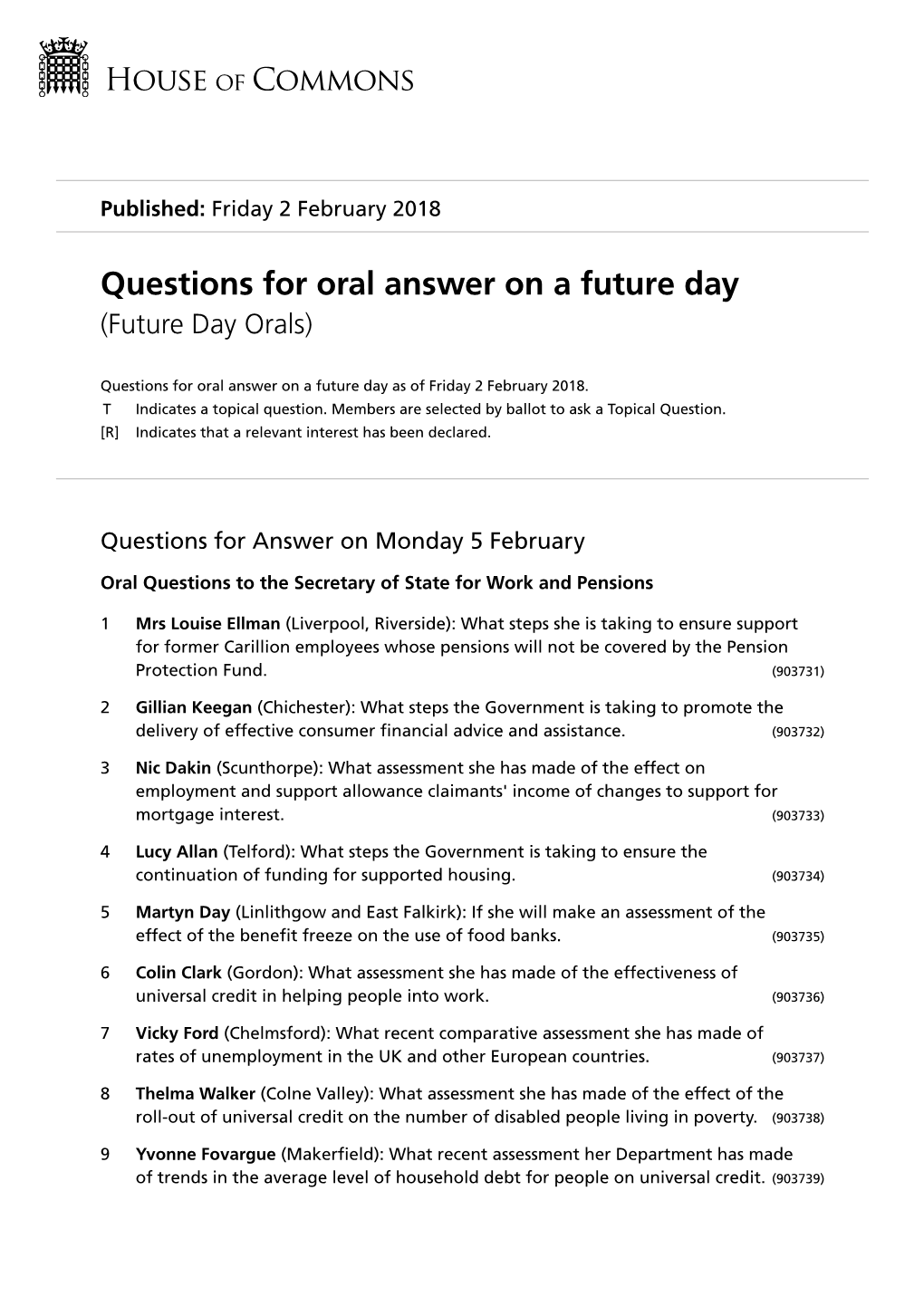 Questions for Oral Answer on a Future Day (Future Day Orals)