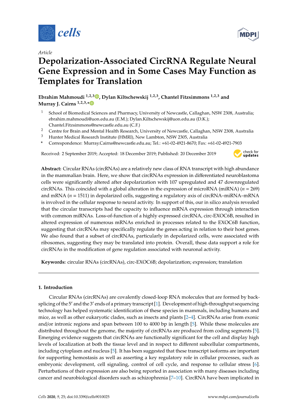 Depolarization-Associated Circrna Regulate Neural Gene Expression and in Some Cases May Function As Templates for Translation