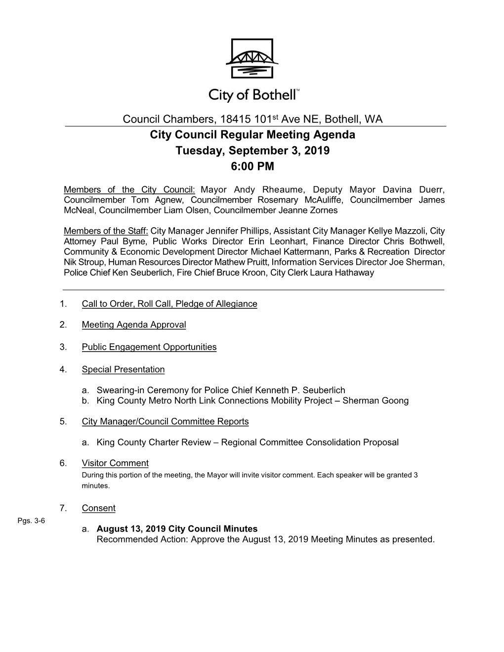 City Council Regular Meeting Agenda Tuesday, September 3, 2019 6:00 PM