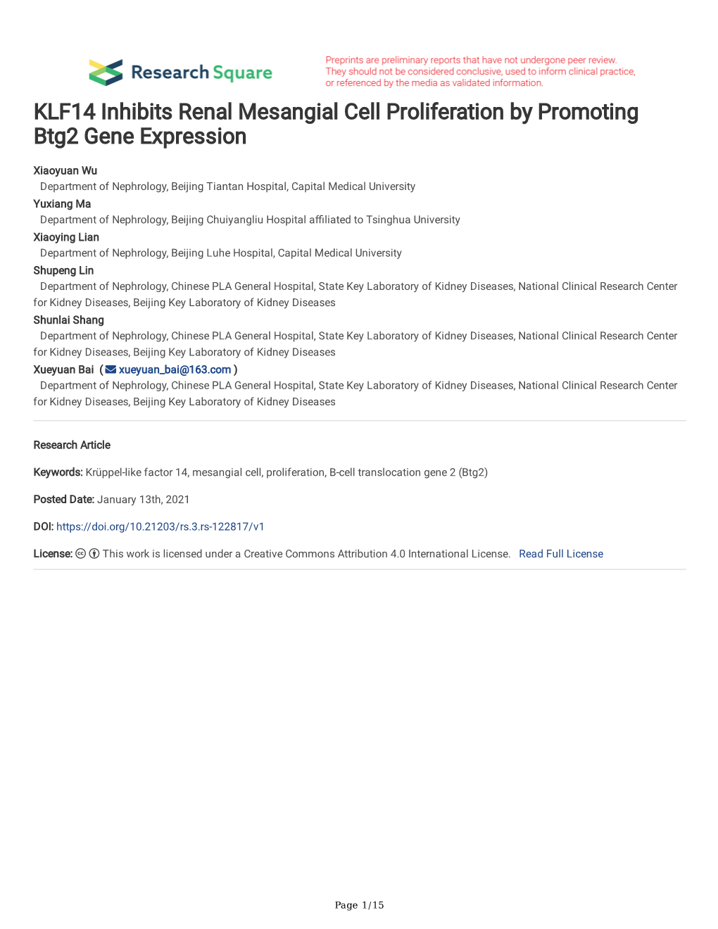 KLF14 Inhibits Renal Mesangial Cell Proliferation by Promoting Btg2 Gene Expression