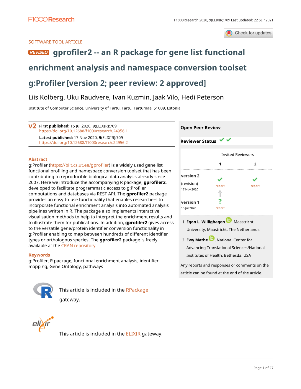 Gprofiler2 -- an R Package for Gene List Functional Enrichment Analysis and Namespace Conversion Toolset G:Profiler [Version 2; Peer Review: 2 Approved]