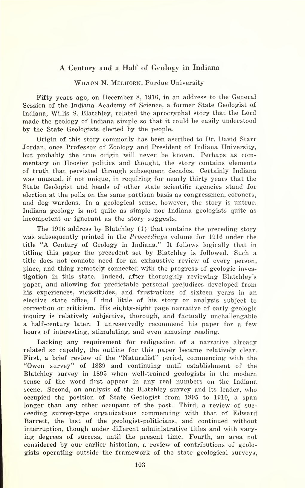 Proceedings of the Indiana Academy of Science and General Appreciation of His Exposition and Carefully Documented Ideas Has Occurred Only Since His Death