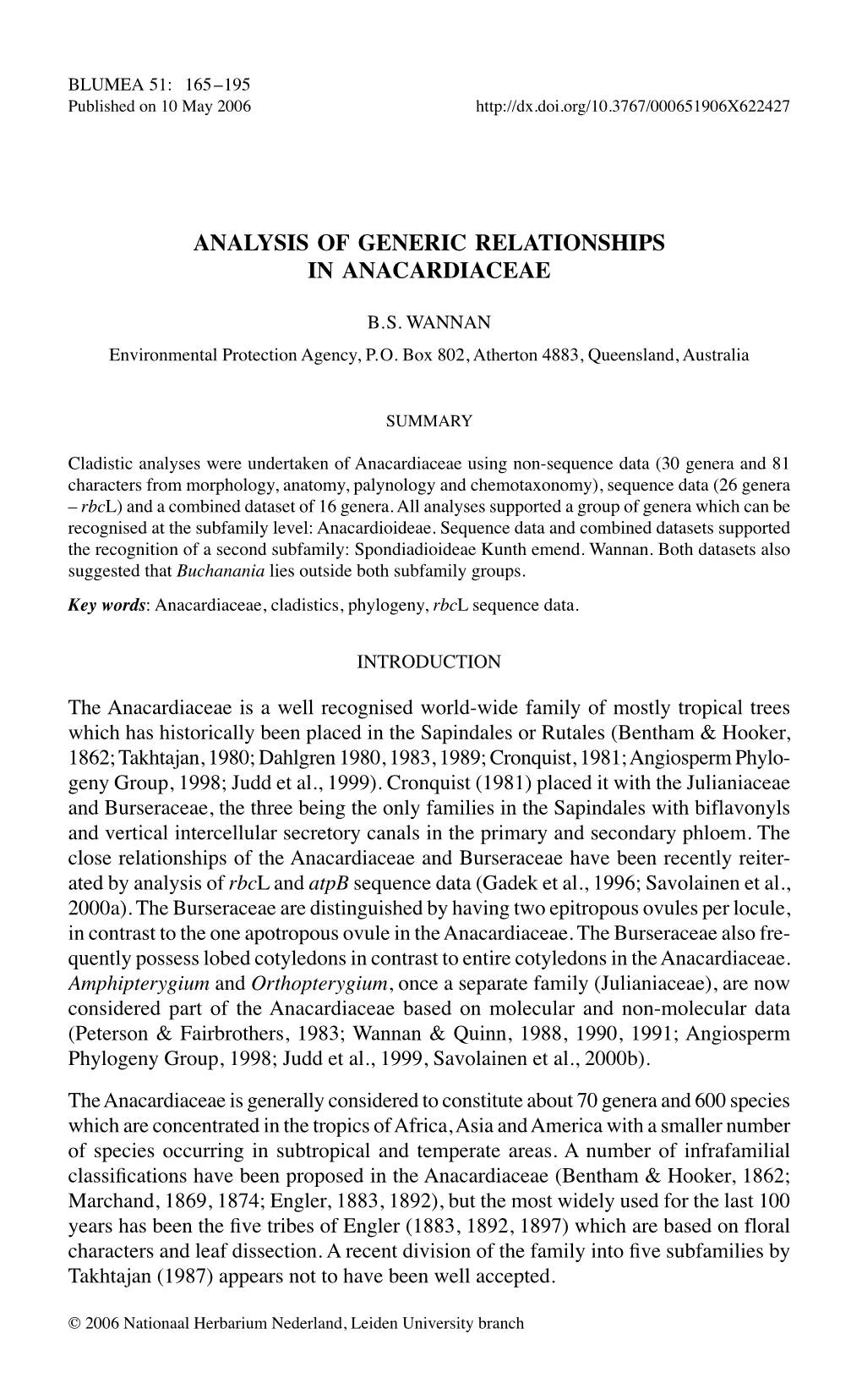 Analysis of Generic Relationships in Anacardiaceae