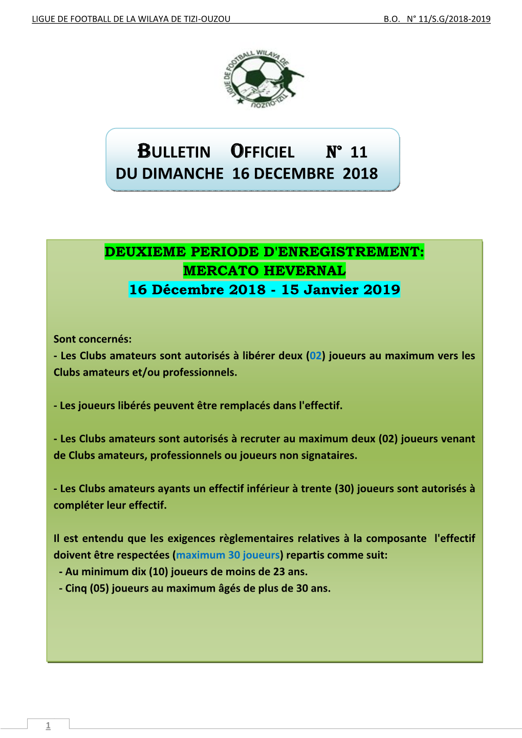 Bulletin Officiel N° 11 Du Dimanche 16 Decembre 2018