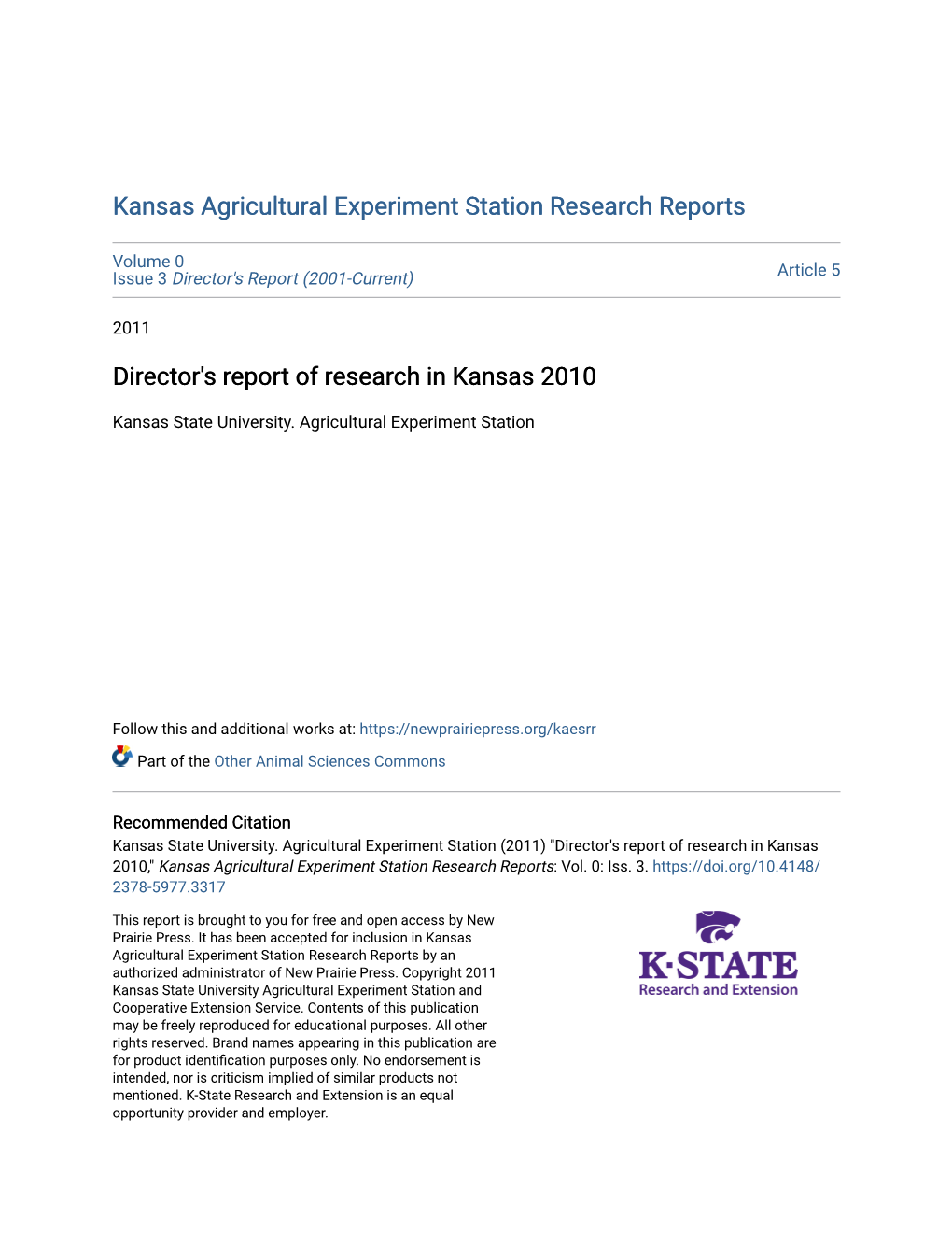 Director's Report of Research in Kansas 2010