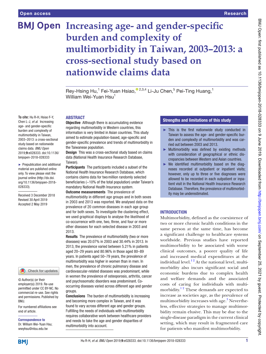 And Gender-Specific Burden and Complexity of Multimorbidity in Taiwan, 2003–2013: a Cross-Sectional Study Based on Nationwide Claims Data