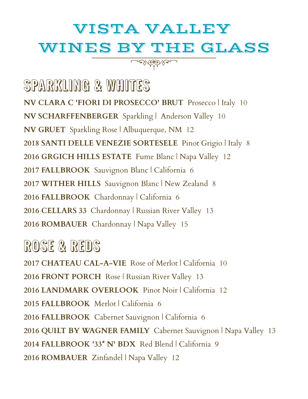 Vista Valley Wines by the Glass