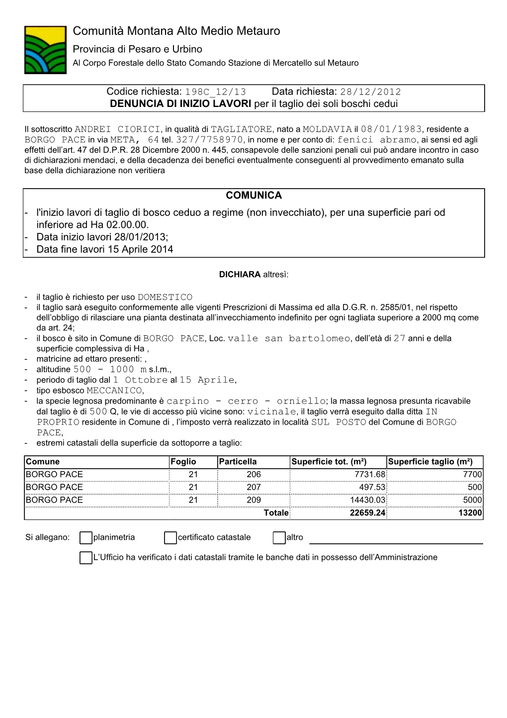 Comunità Montana Alto Medio Metauro Provincia Di Pesaro E Urbino Al Corpo Forestale Dello Stato Comando Stazione Di Mercatello Sul Metauro