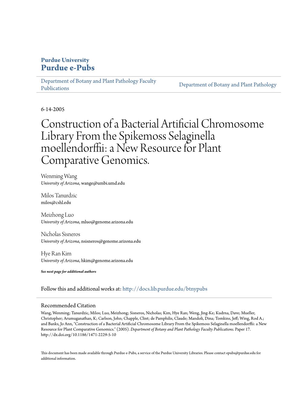 Construction of a Bacterial Artificial Chromosome Library from the Spikemoss Selaginella Moellendorffii: a New Resource for Plant Comparative Genomics