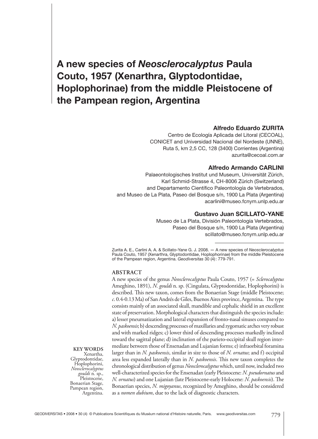 A New Species of Neosclerocalyptus Paula Couto, 1957 (Xenarthra, Glyptodontidae, Hoplophorinae) from the Middle Pleistocene of the Pampean Region, Argentina