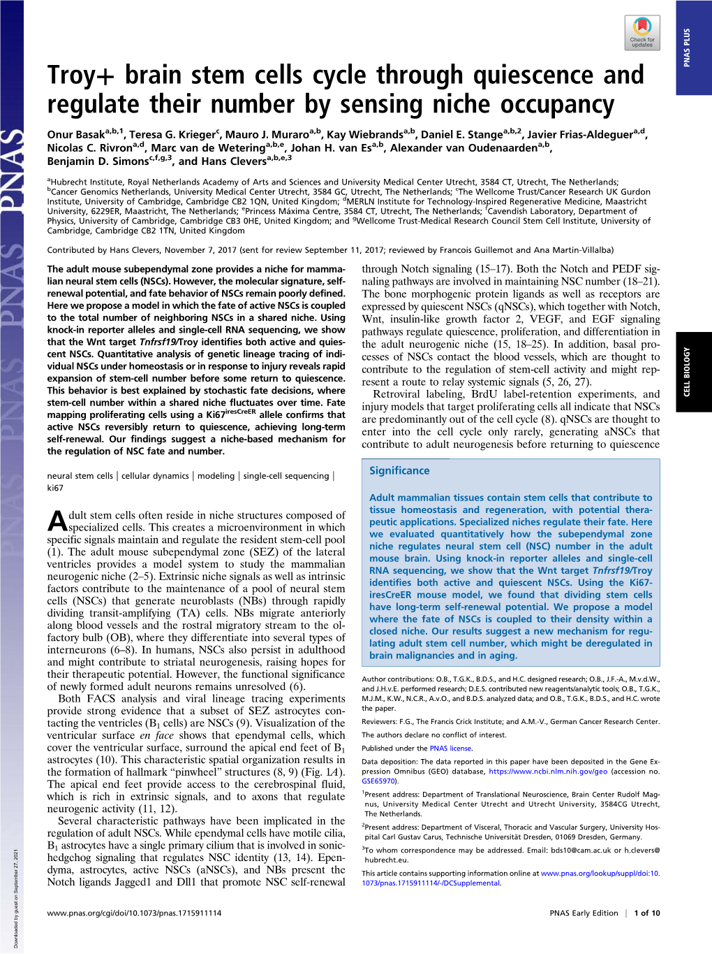 Troy Brain Stem Cells Cycle Through Quiescence and Regulate Their