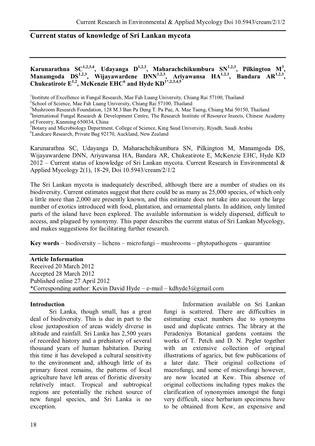 Current Status of Knowledge of Sri Lankan Mycota