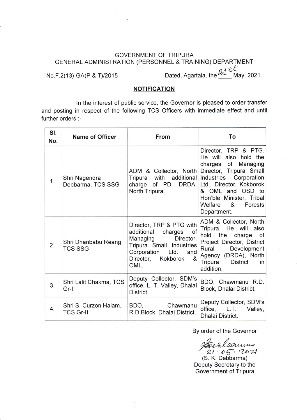 Dated, Agartala, Th"\-*Ay, 2021 . & OML and OSD to Managing Director