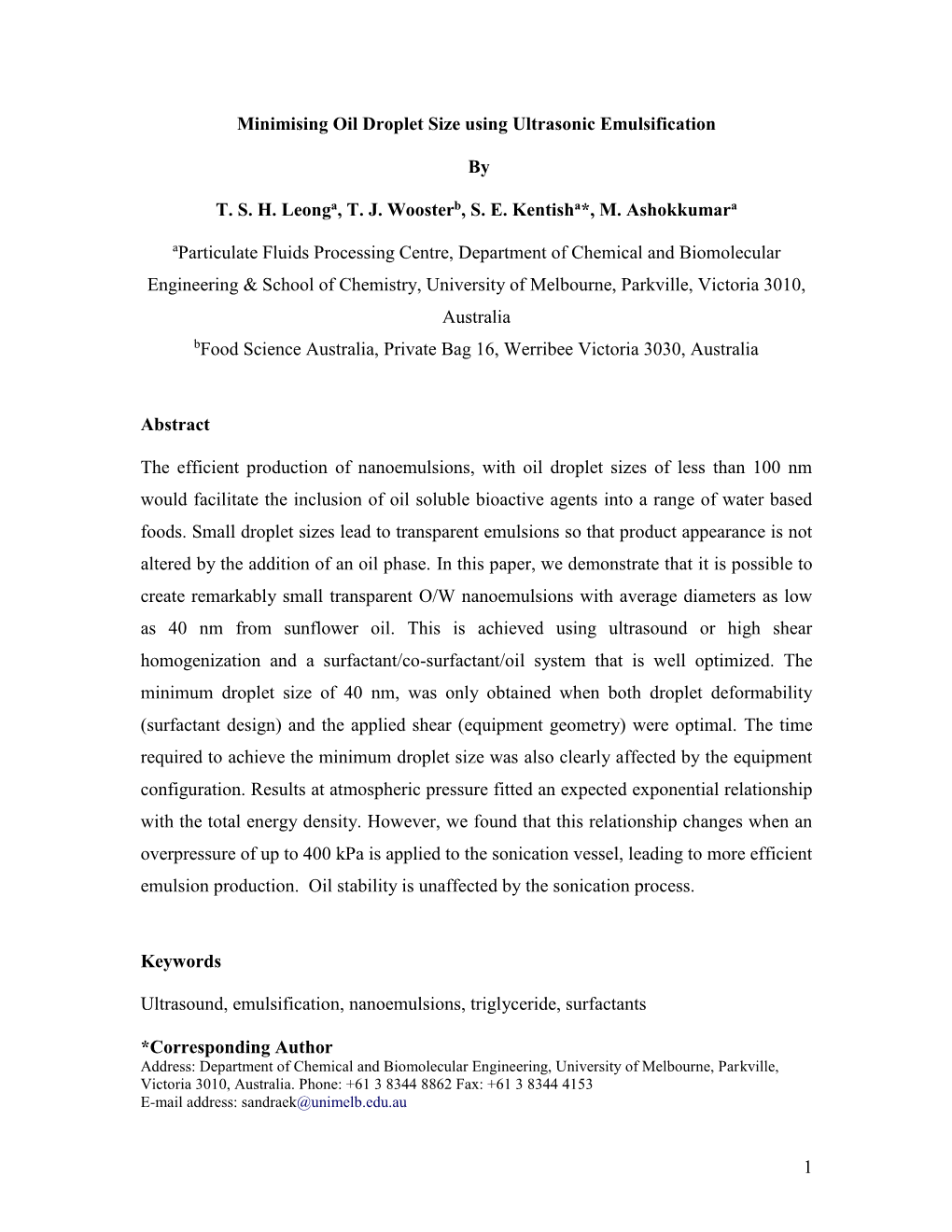 Minimising Oil Droplet Size Using Ultrasonic Emulsification