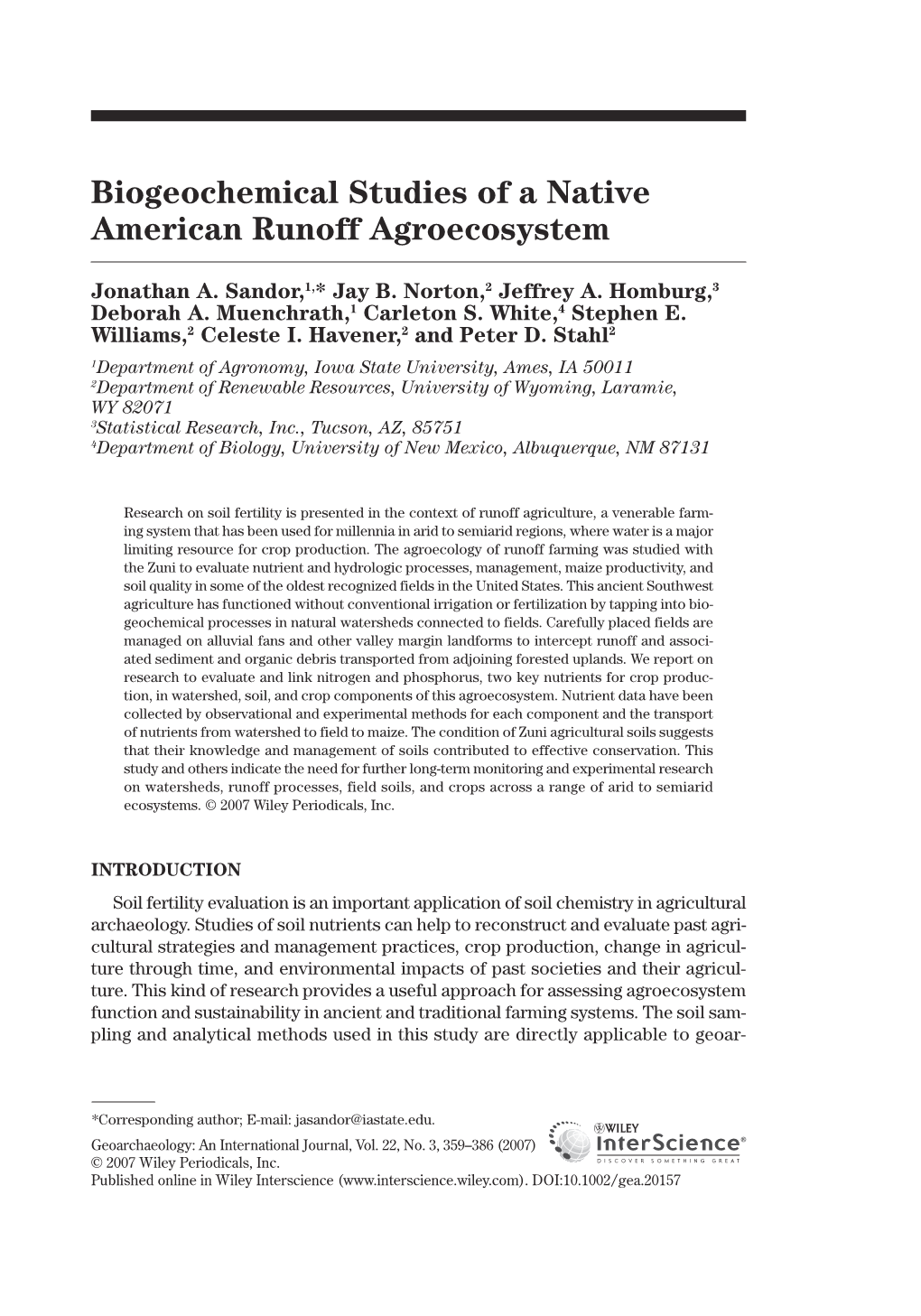 Biogeochemical Studies of a Native American Runoff Agroecosystem