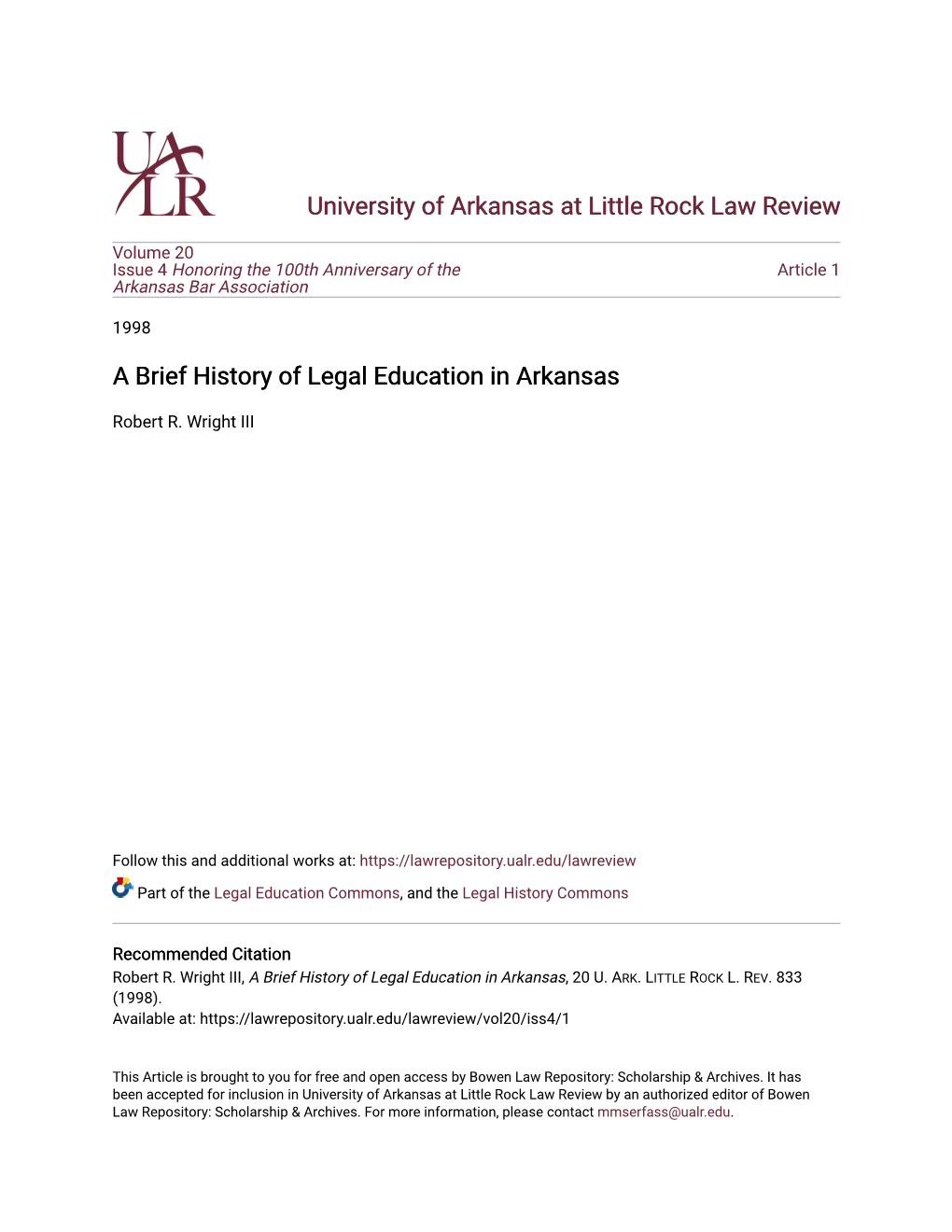 A Brief History of Legal Education in Arkansas