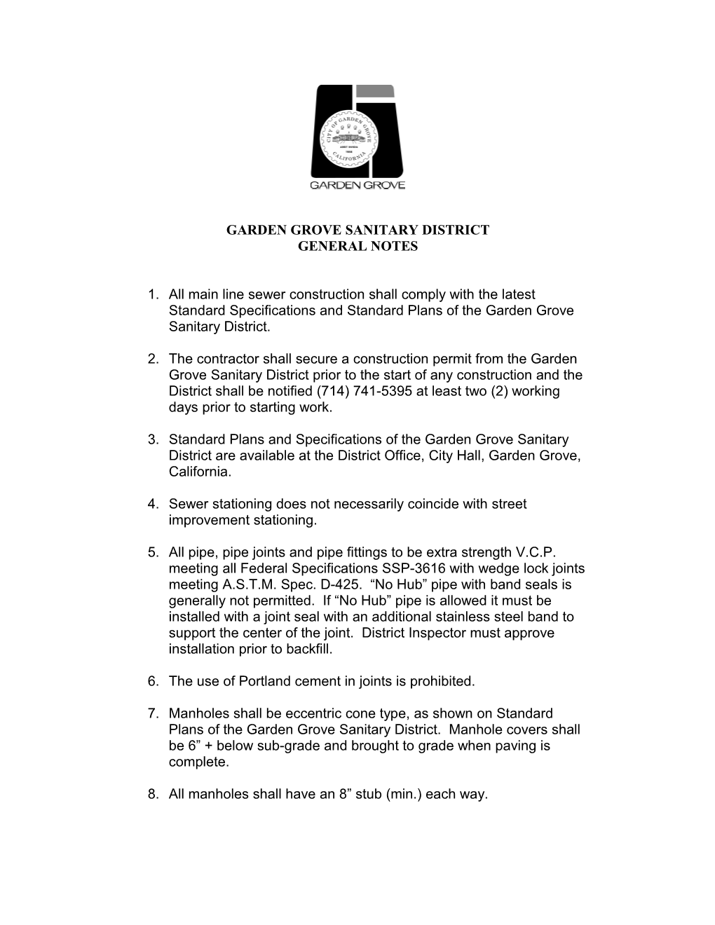 Garden Grove Sanitary District General Notes