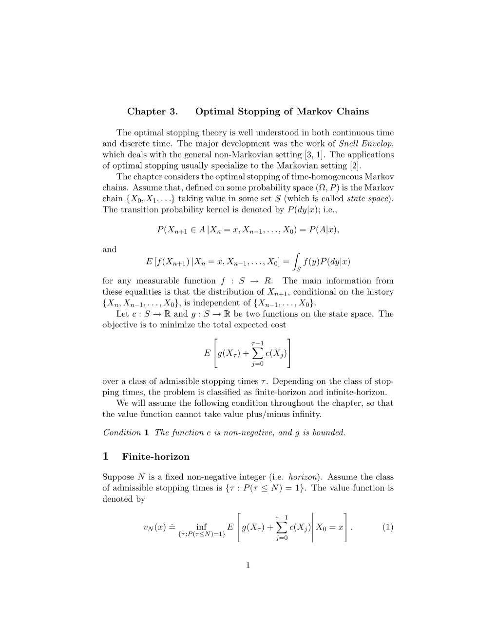 Chapter 3. Optimal Stopping of Markov Chains 1 Finite-Horizon