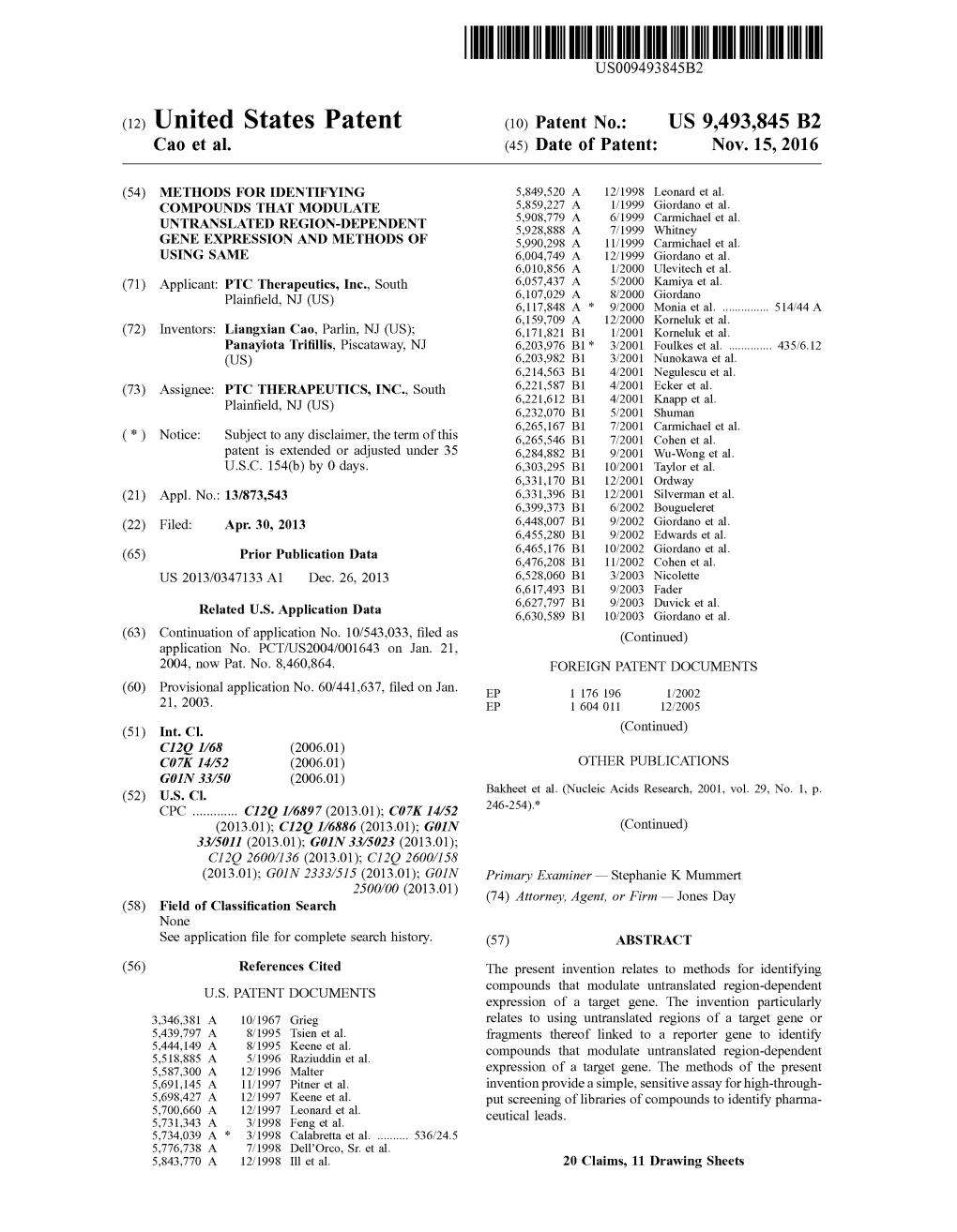 (12) United States Patent (10) Patent No.: US 9,493,845 B2 Cao Et Al