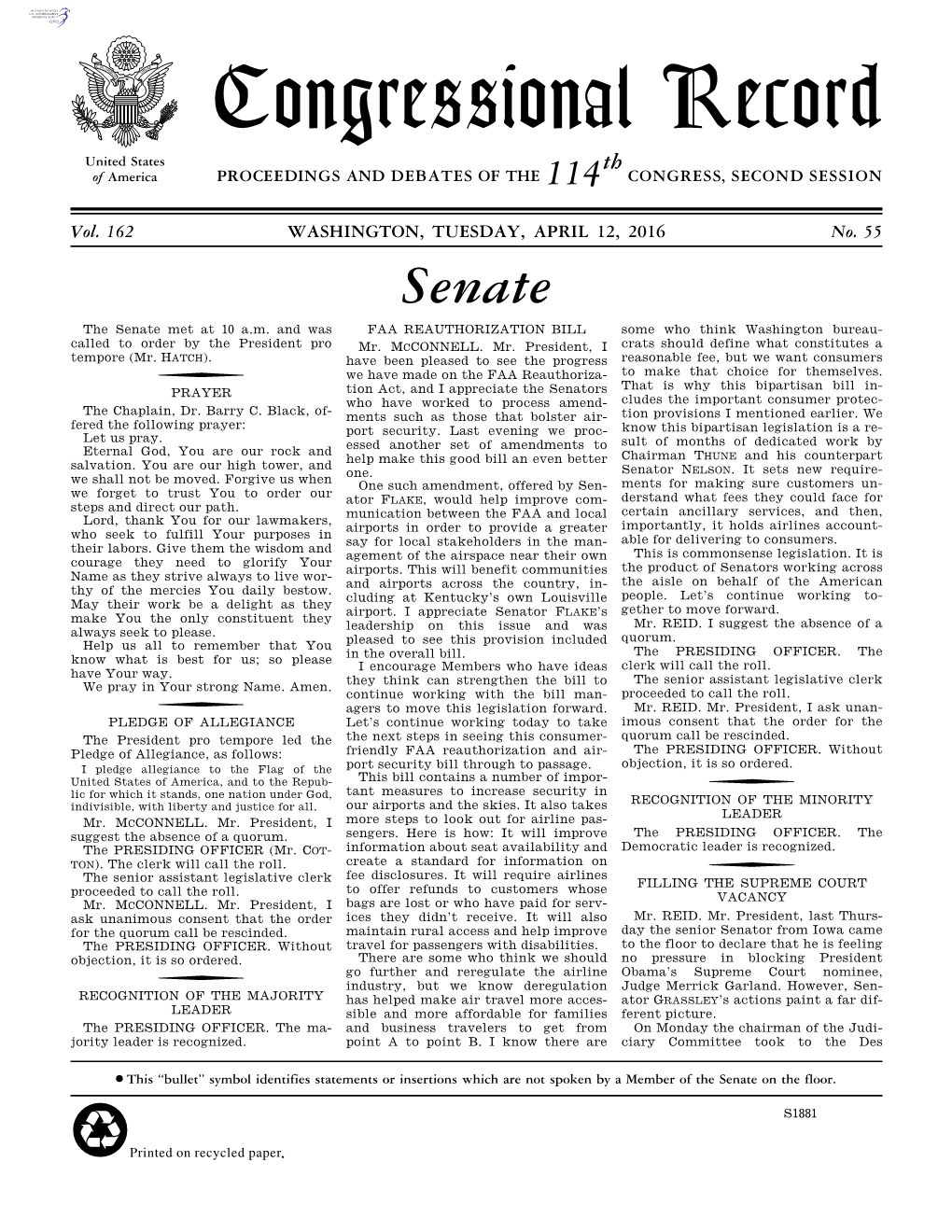 Congressional Record United States Th of America PROCEEDINGS and DEBATES of the 114 CONGRESS, SECOND SESSION