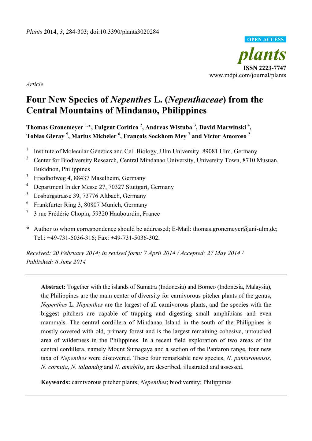 Four New Species of Nepenthes L. (Nepenthaceae) from the Central Mountains of Mindanao, Philippines