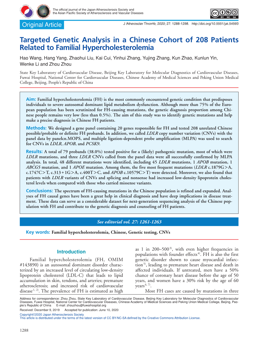 Targeted Genetic Analysis in a Chinese Cohort of 208 Patients Related to Familial Hypercholesterolemia