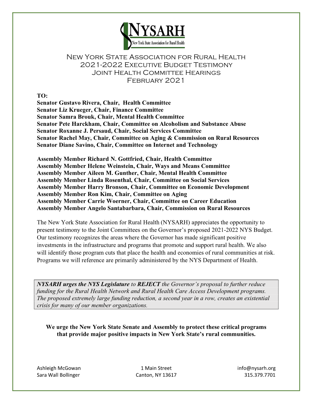 New York State Association for Rural Health 2021-2022 Executive Budget Testimony Joint Health Committee Hearings February 2021
