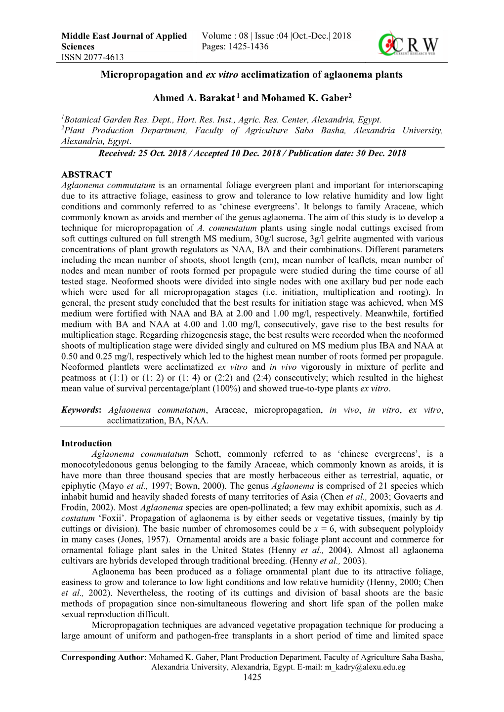 Micropropagation and Ex Vitro Acclimatization of Aglaonema Plants