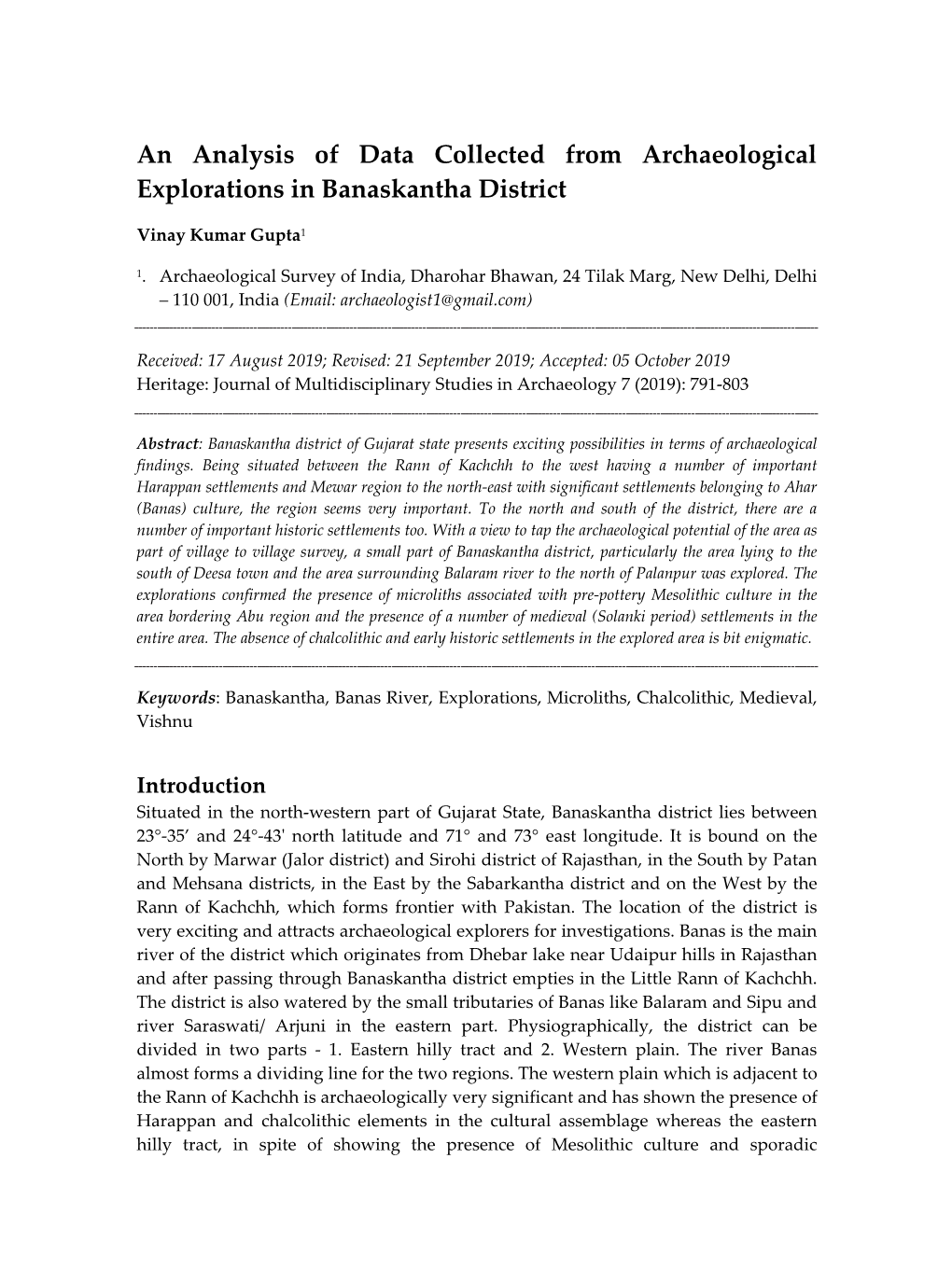 An Analysis of Data Collected from Archaeological Explorations in Banaskantha District