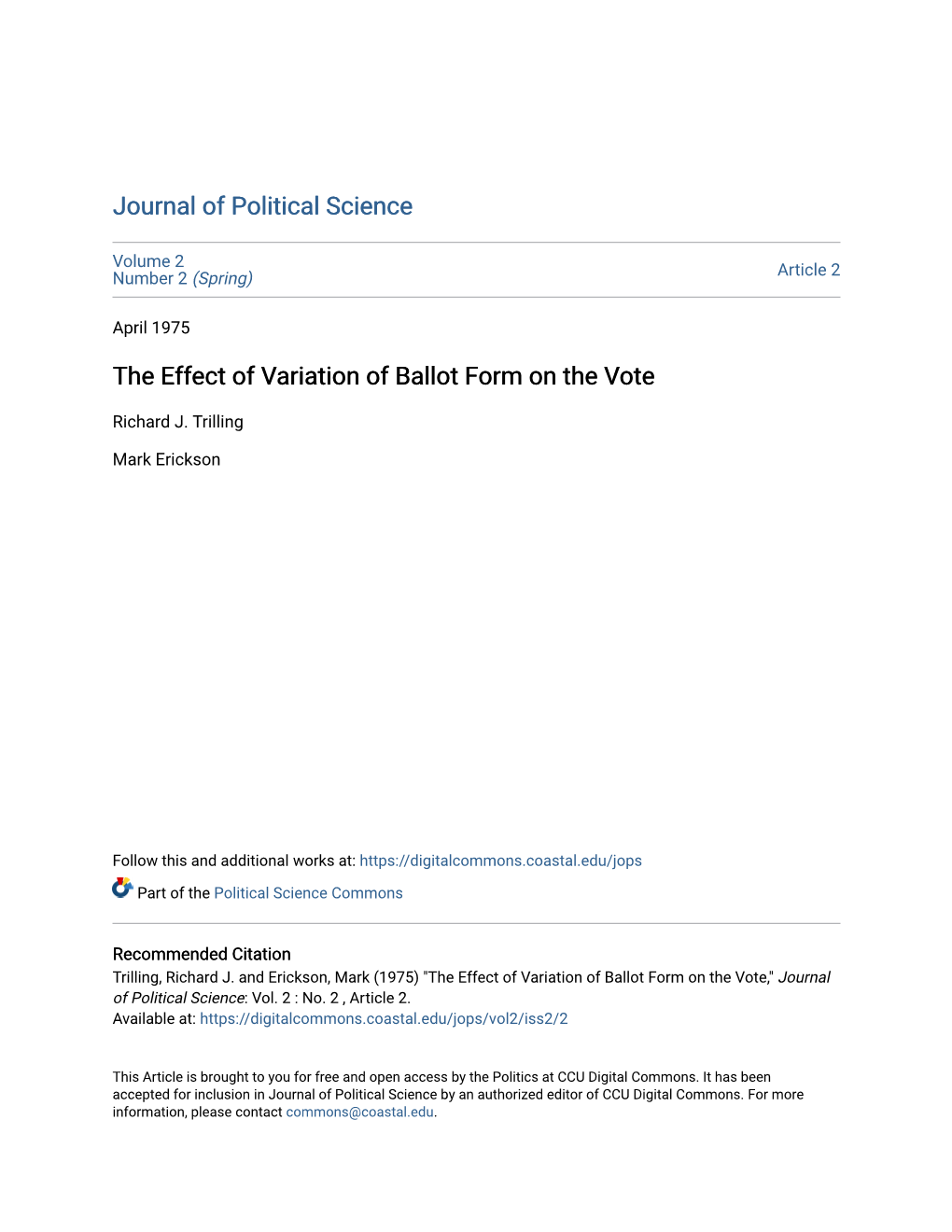 The Effect of Variation of Ballot Form on the Vote