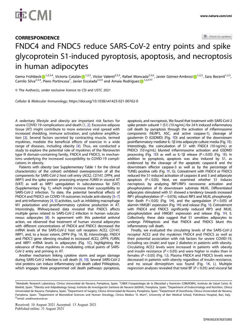 FNDC4 and FNDC5 Reduce SARS-Cov-2 Entry Points and Spike Glycoprotein S1-Induced Pyroptosis, Apoptosis, and Necroptosis in Human Adipocytes