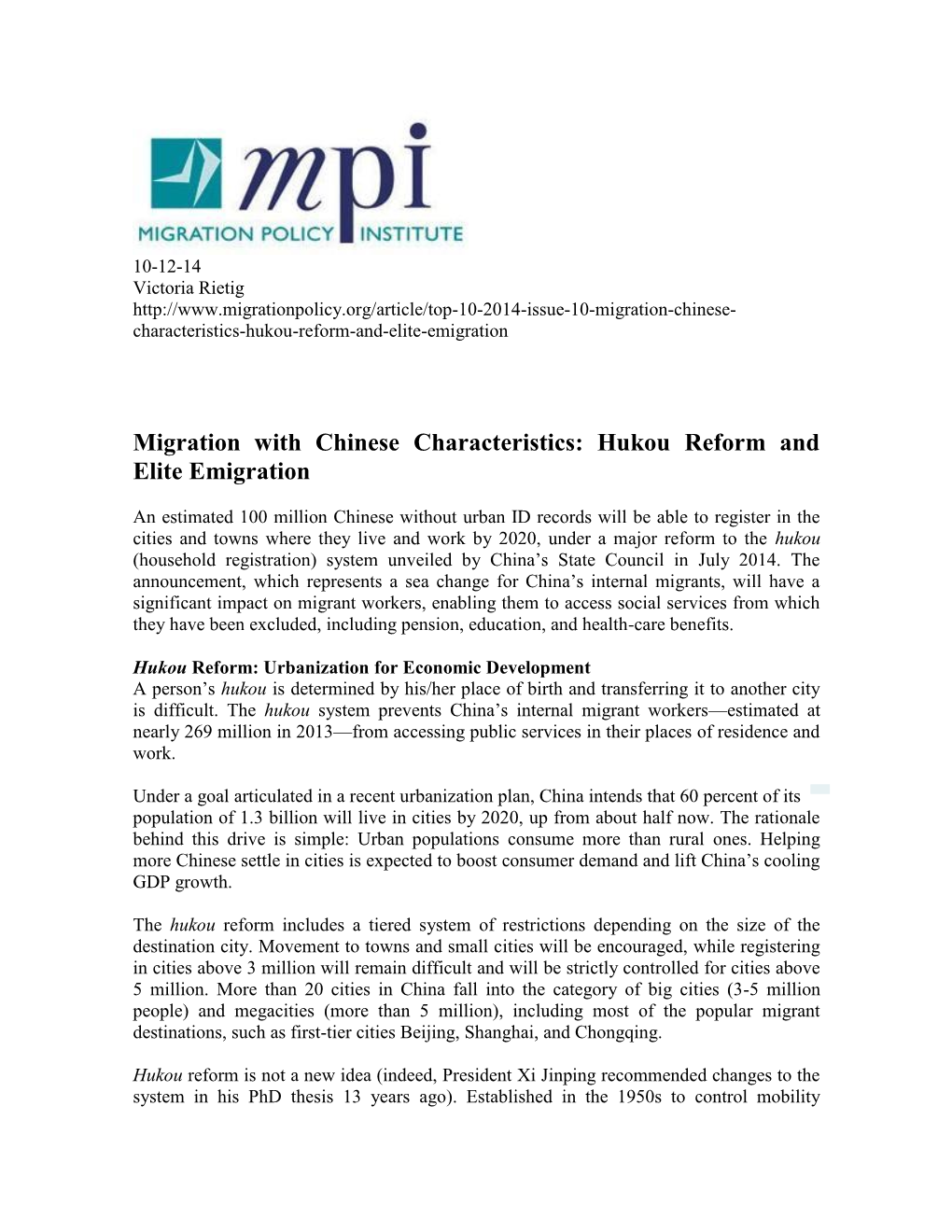 Migration with Chinese Characteristics: Hukou Reform and Elite Emigration