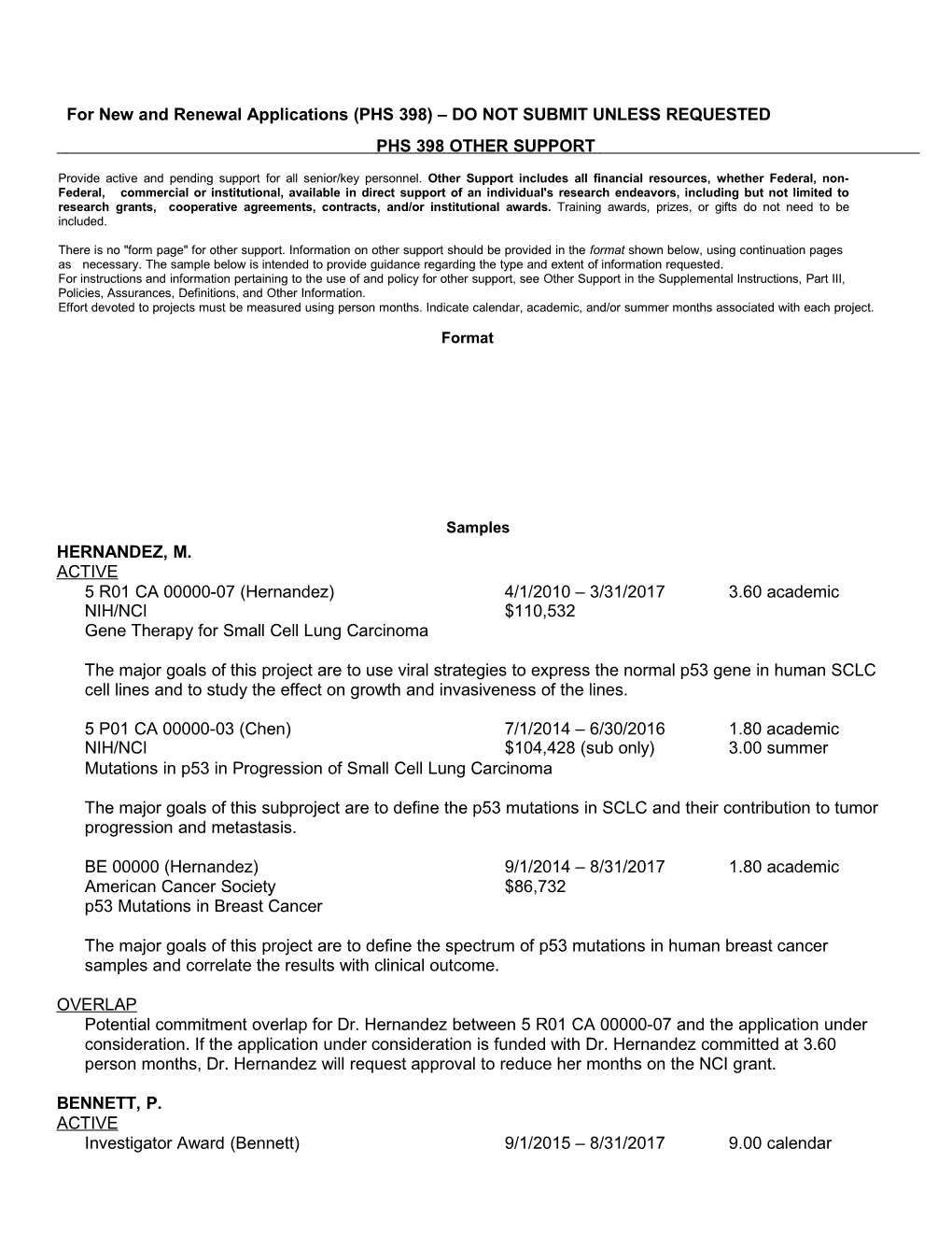 OMB No. 0925-0001 (Rev. 06/15), Competing Other Support Format Page