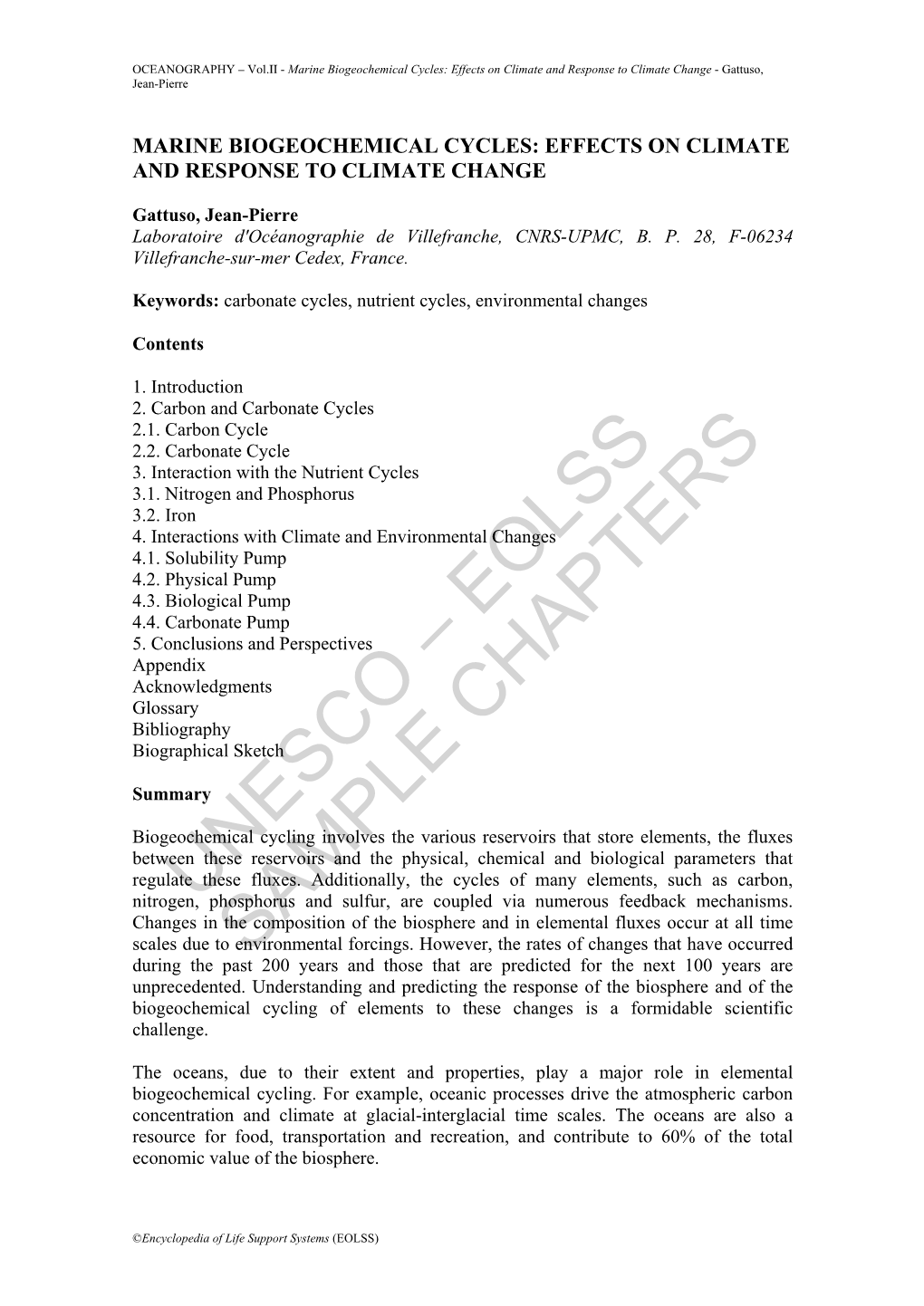 Marine Biogeochemical Cycles: Effects on Climate and Response to Climate Change - Gattuso, Jean-Pierre