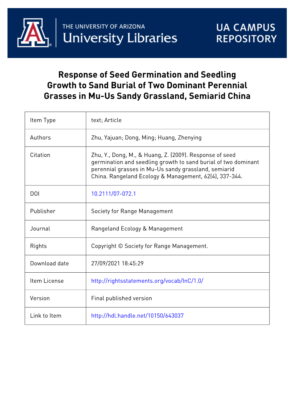 Response of Seed Germination and Seedling Growth to Sand Burial of Two Dominant Perennial Grasses in Mu-Us Sandy Grassland, Semiarid China