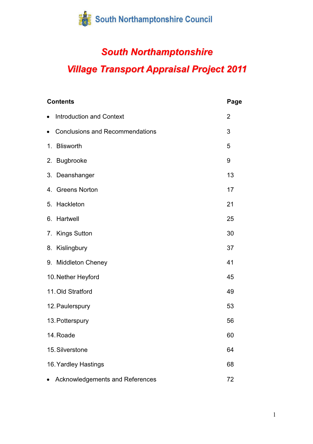 South Northamptonshire Village Transport Appraisal Project 2011