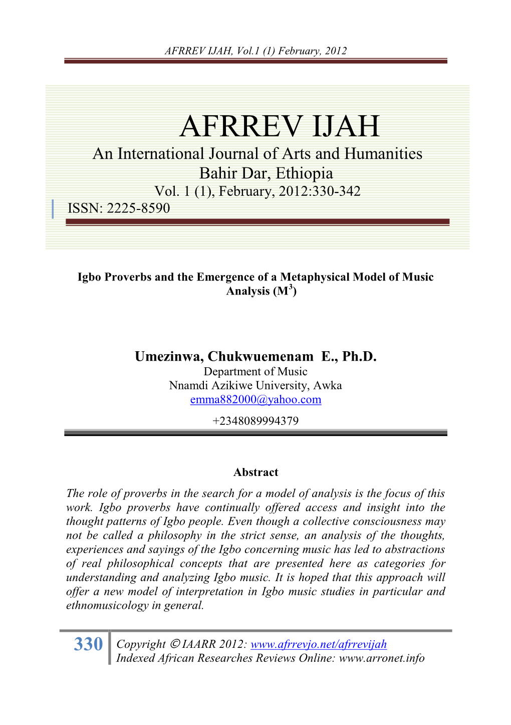 AFRREV IJAH, Vol.1 (1) Feb., 2012