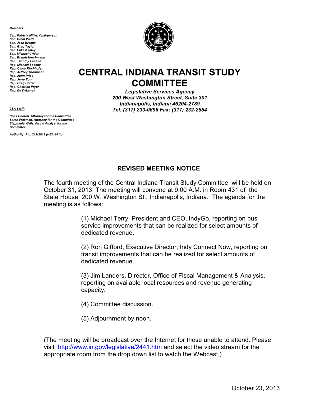 NT 10/31/2013 Central Indiana Transit Study Committee