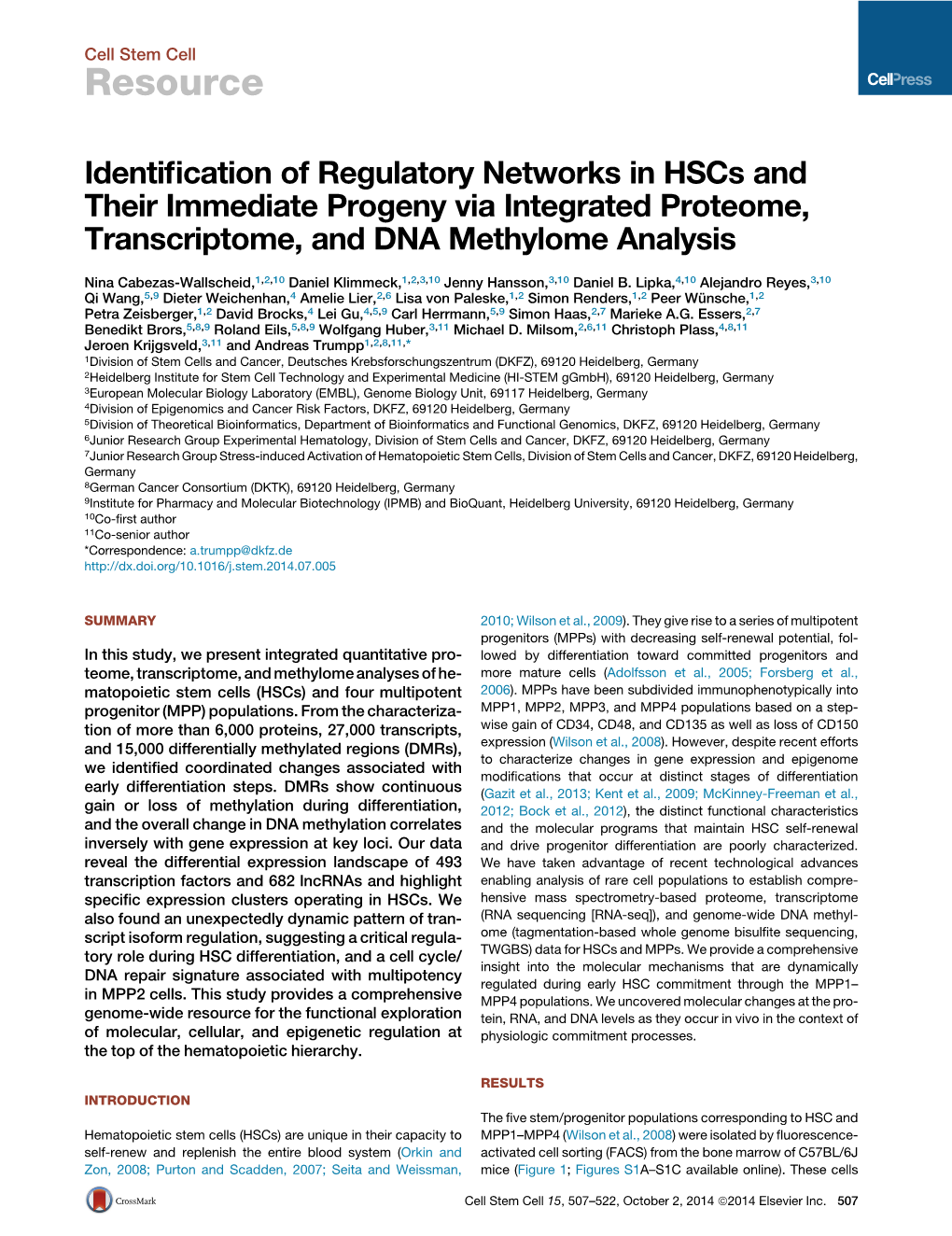 Identification of Regulatory Networks in Hscs and Their Immediate