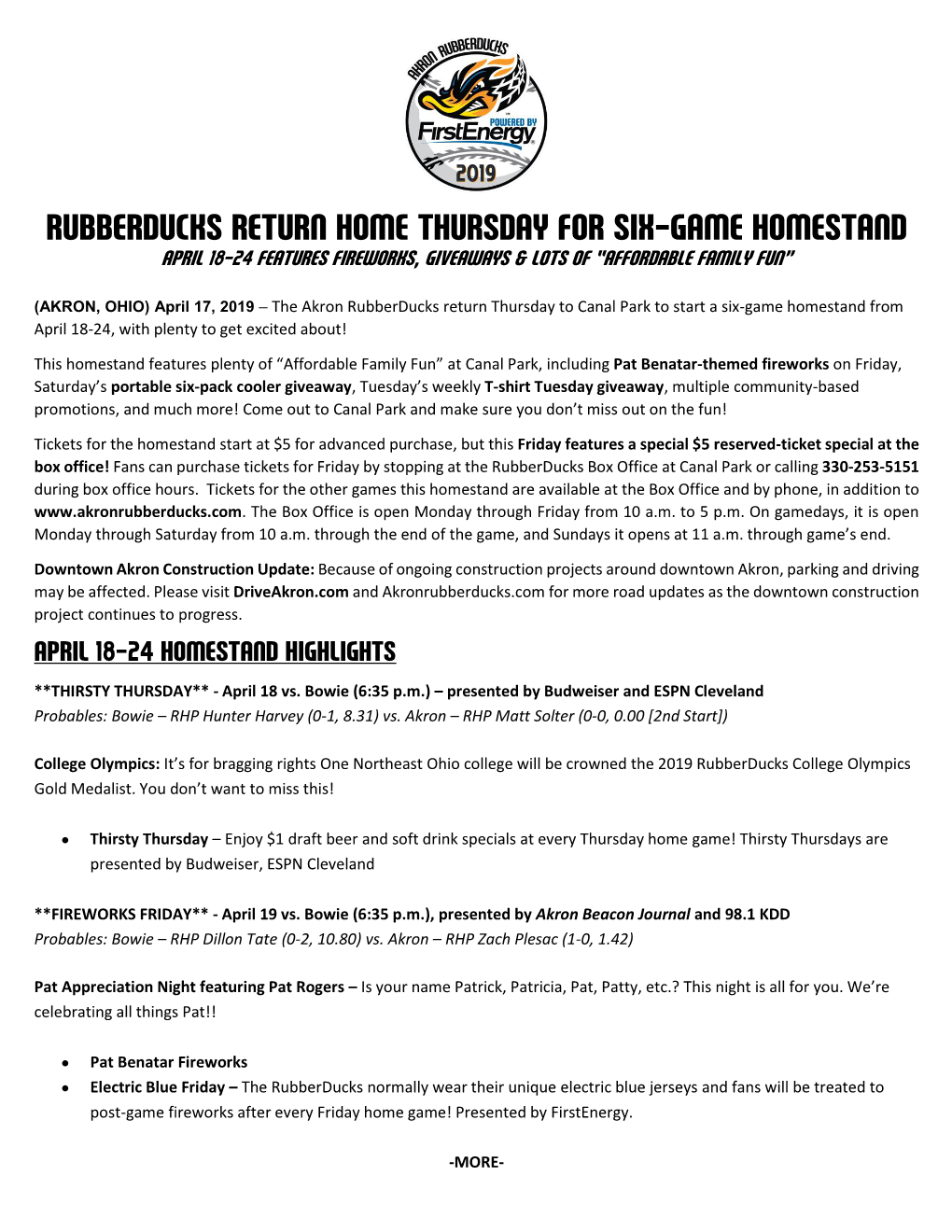 Rubberducks Return Home Thursday for Six-Game Homestand April 18-24 Features Fireworks, Giveaways & Lots of “Affordable Family Fun”