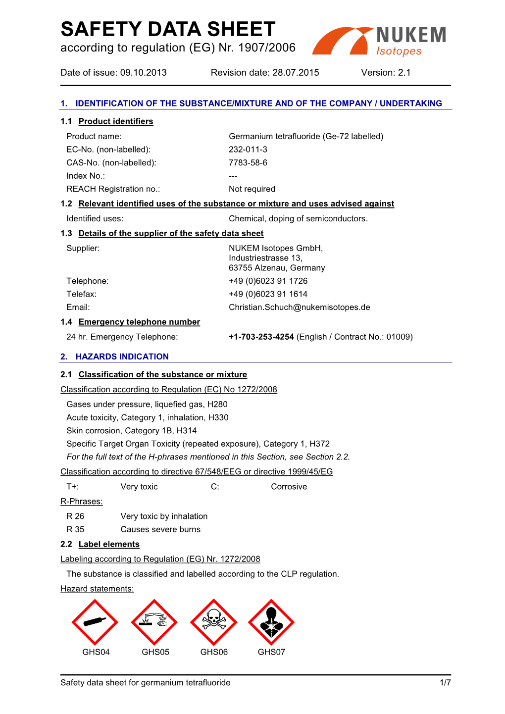 SAFETY DATA SHEET According to Regulation (EG) Nr