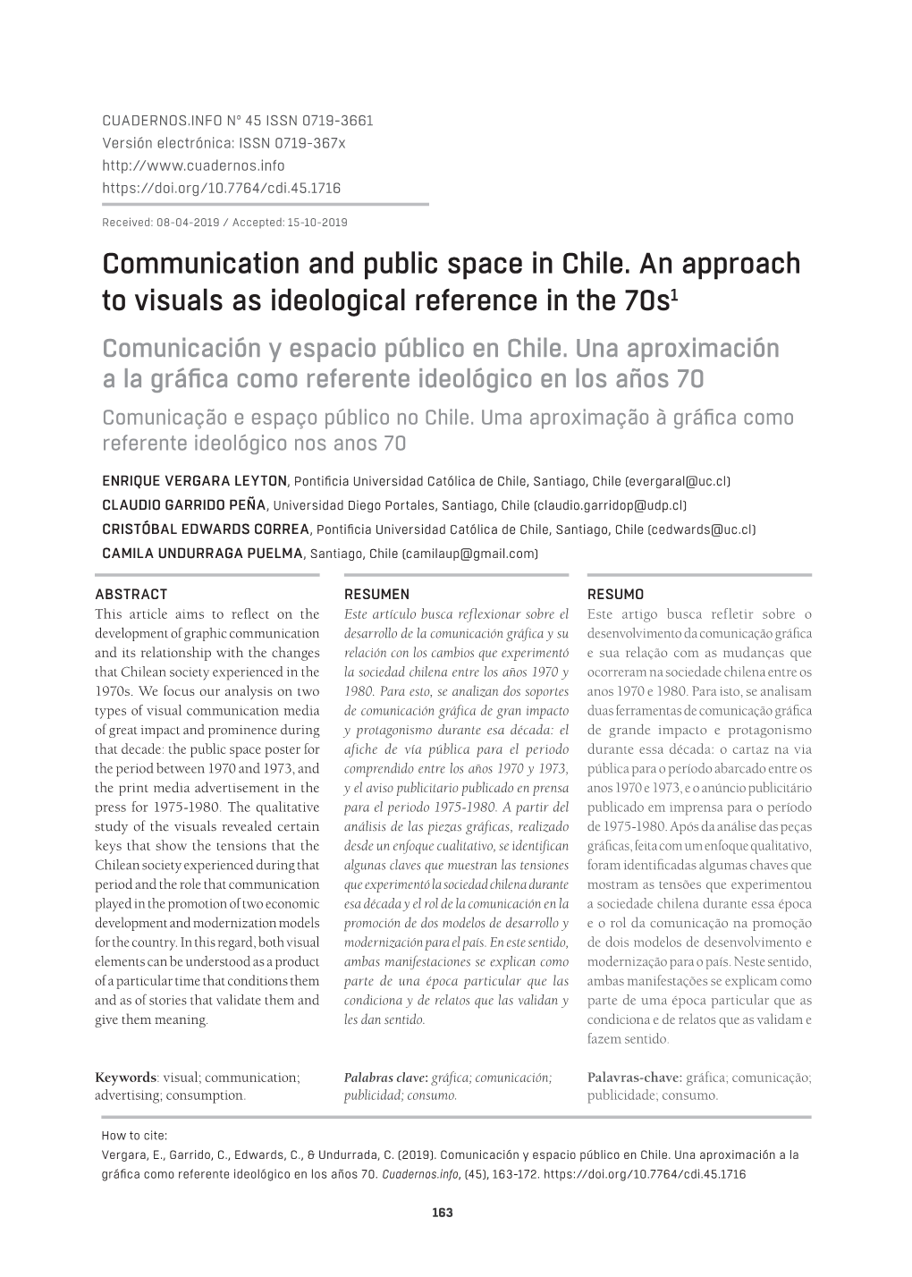 Comunicación Y Espacio Público En Chile. Una Aproximación a La Gráfica Como Referente Ideológico En Los Años 70 Comunicação E Espaço Público No Chile