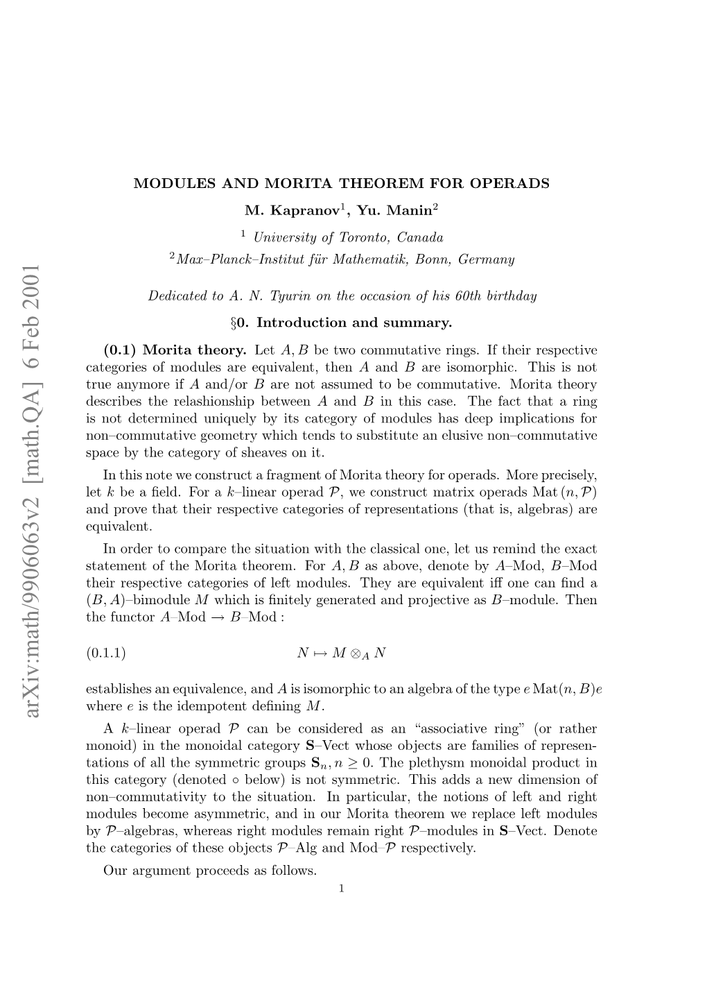 Math.QA] 6 Feb 2001 Ttmn Ftemrt Hoe.For Theorem