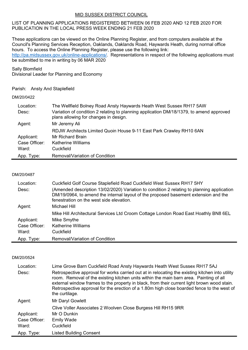 Mid Sussex District Council List of Planning Applications Registered Between 06 Feb 2020 and 12 Feb 2020 for Publication in the Local Press Week Ending 21 Feb 2020