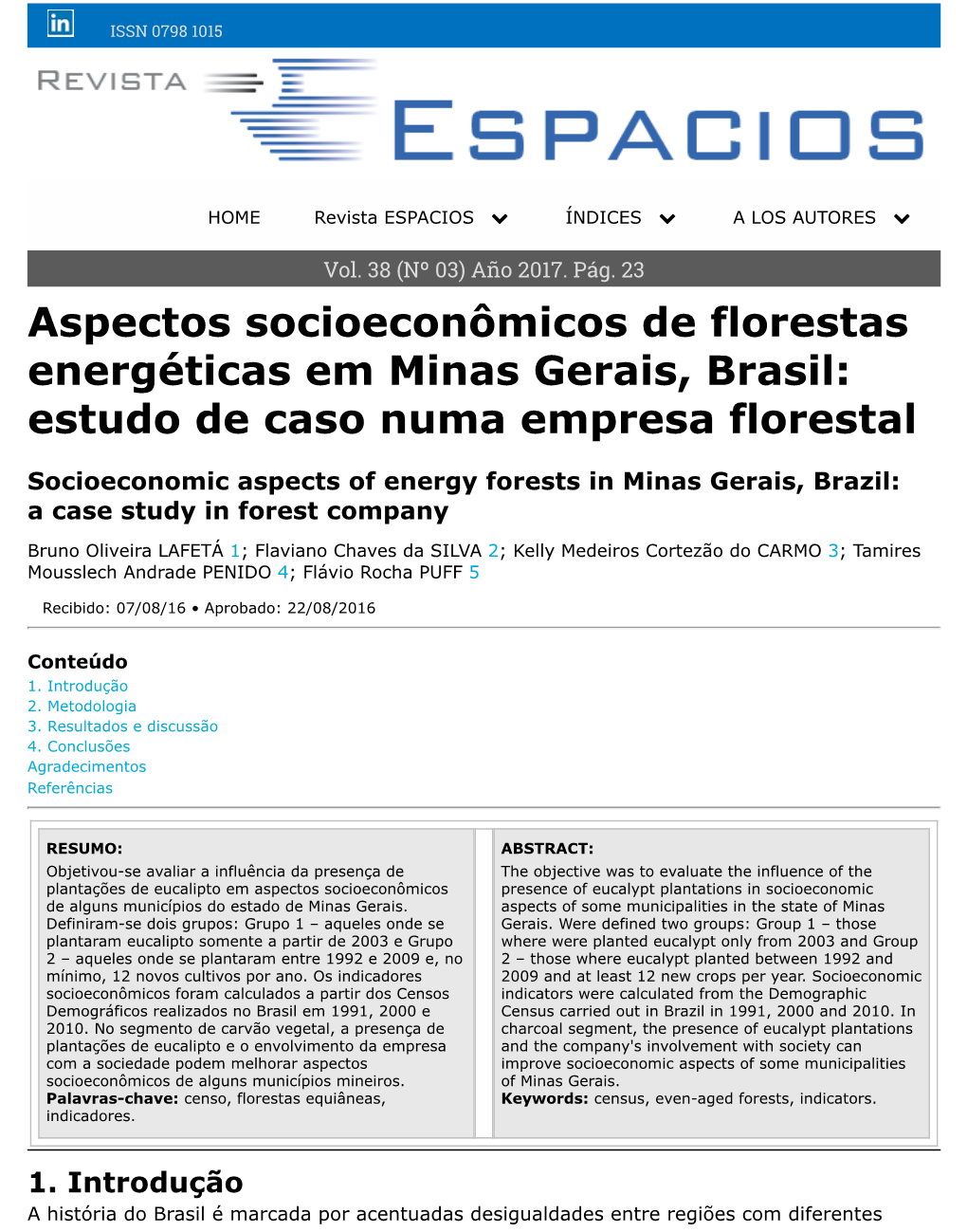 Aspectos Socioeconômicos De Florestas Energéticas Em Minas Gerais, Brasil: Estudo De Caso Numa Empresa Florestal