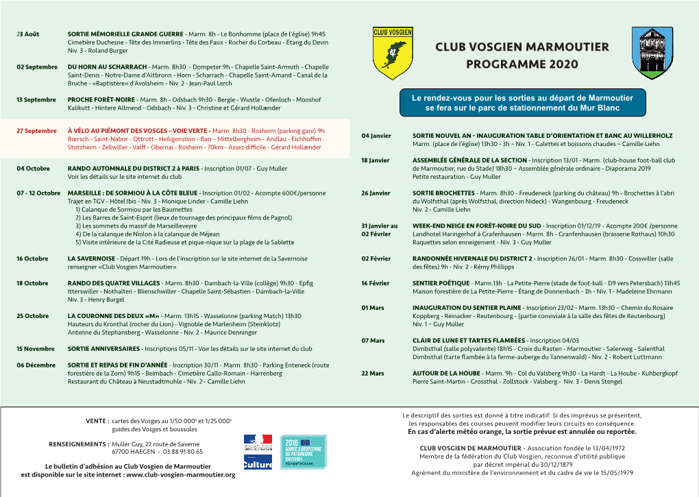 Club Vosgien Marmoutier Programme 2020