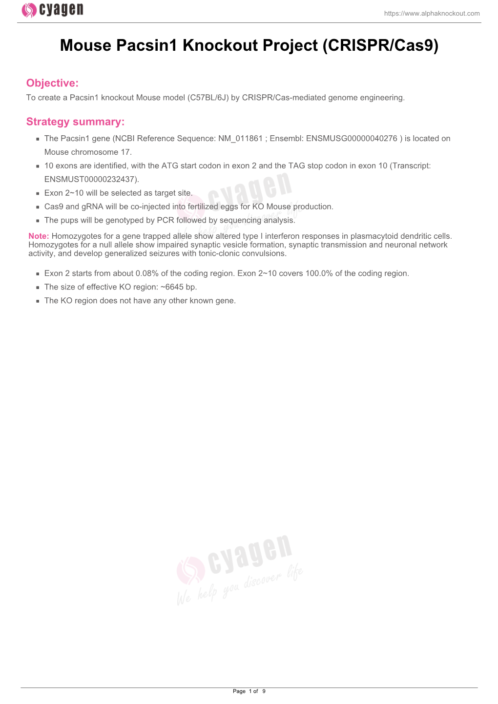 Mouse Pacsin1 Knockout Project (CRISPR/Cas9)