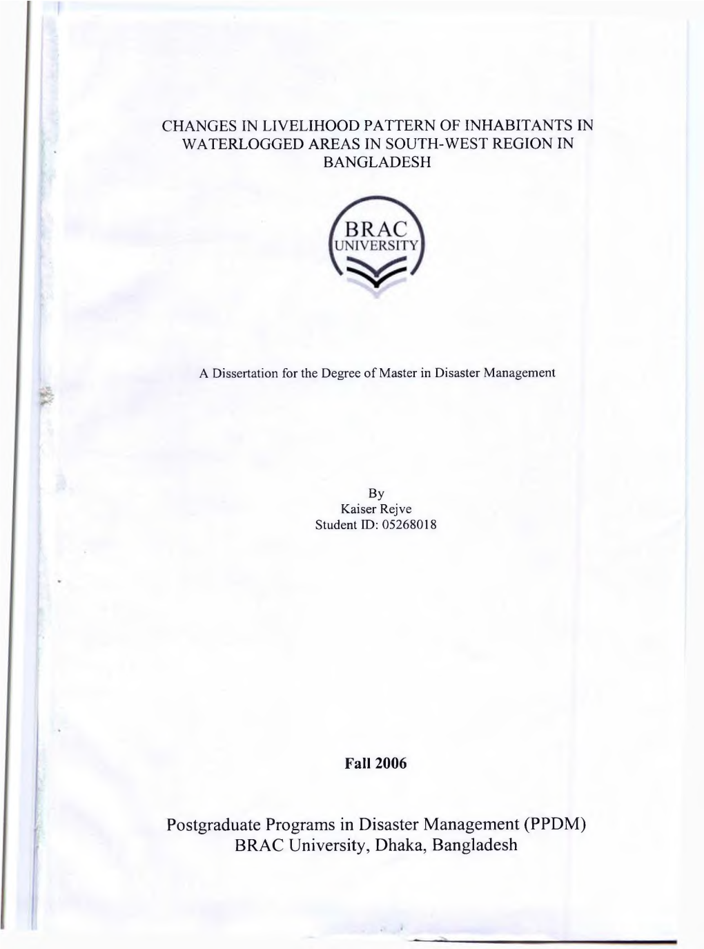 Postgraduate Programs in Disaster Management (PPDM) BRAC University, Dhaka, Bangladesh Table of Contents