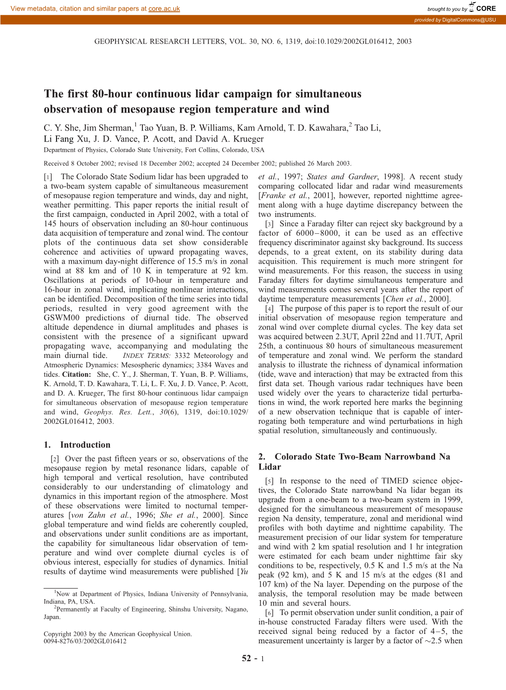 The First 80-Hour Continuous Lidar Campaign for Simultaneous Observation of Mesopause Region Temperature and Wind C