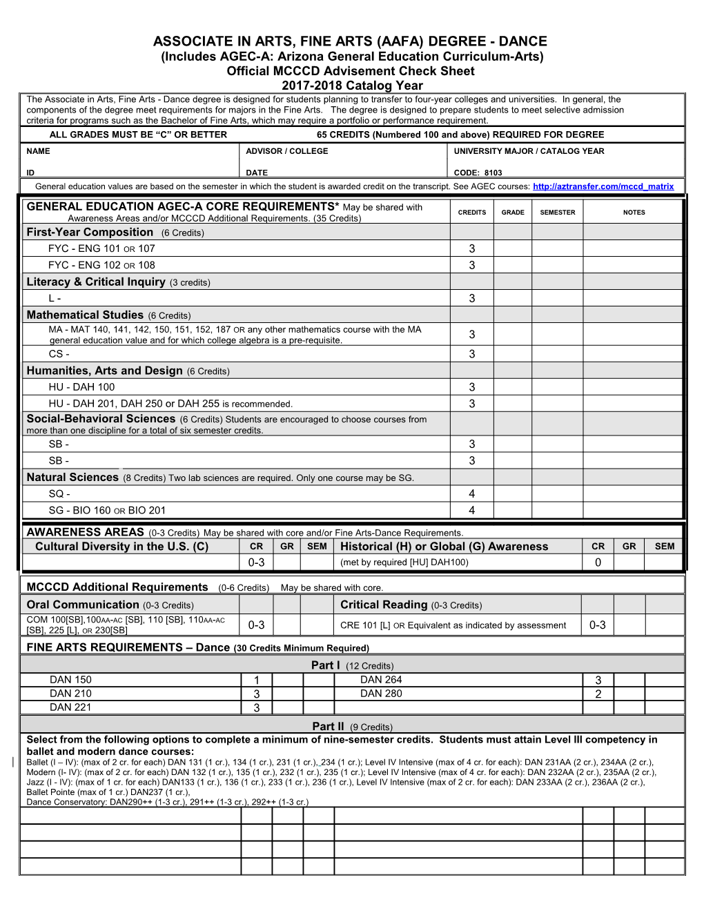 MCCCD Advisement Check Sheet for 2000-2000 Catalog Year s1